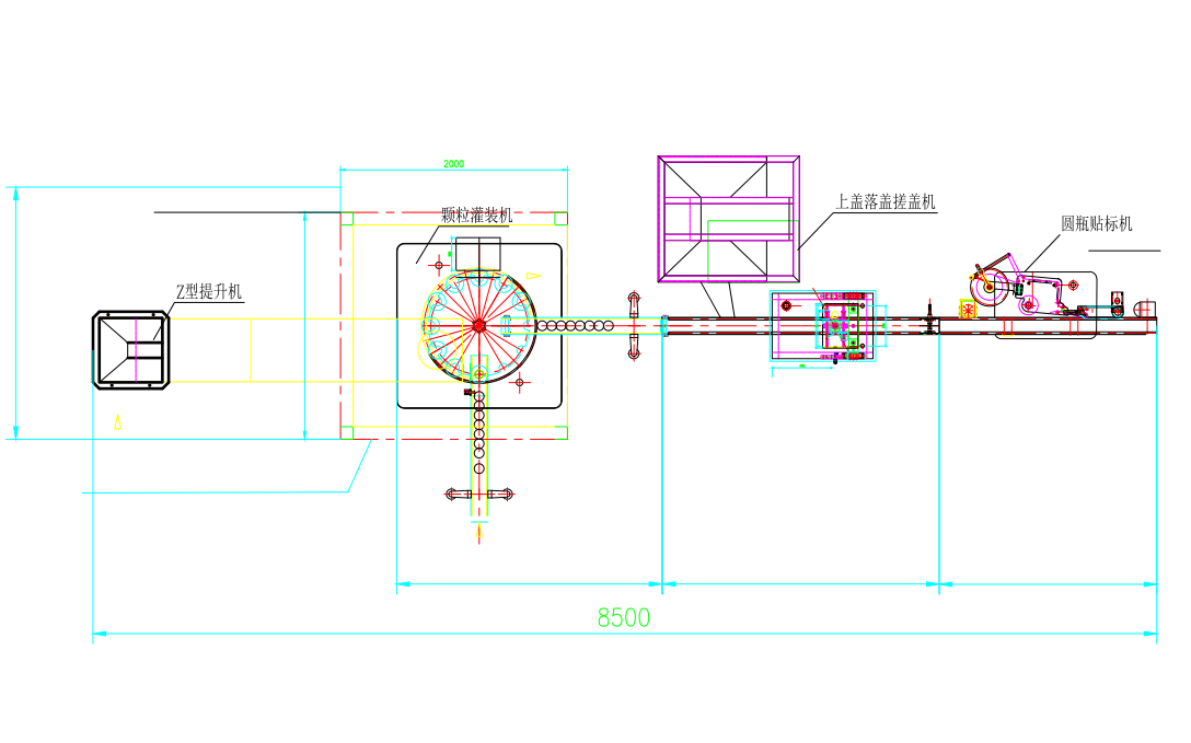 Z型提升机+颗粒灌装机+上盖落盖搓盖机+圆瓶贴标机CAD平面图