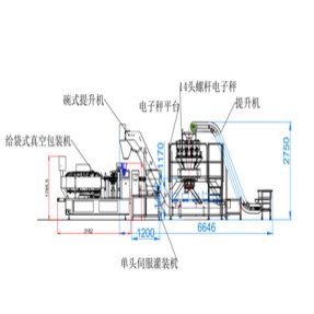 提升机+14头电子秤+平台+碗提+给袋式真空包装机+单头伺服灌装机CAD平面图