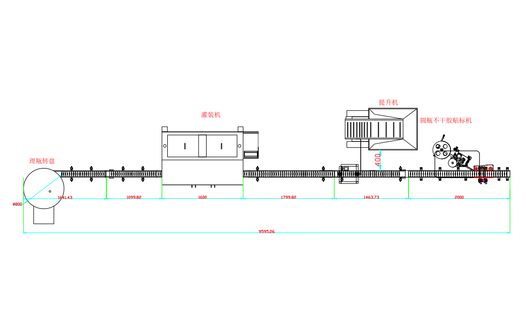 理瓶机-灌装机-上盖提升机-自动搓盖机-圆瓶贴标机 CAD平面图