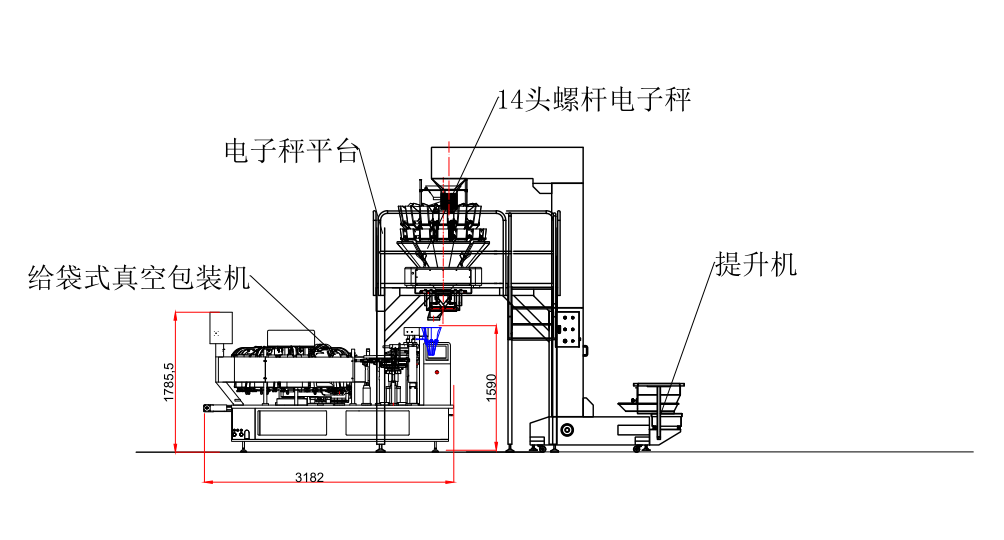 Z型提升机+14头电子秤+电子秤平台+给袋式真空包装机CAD平面图